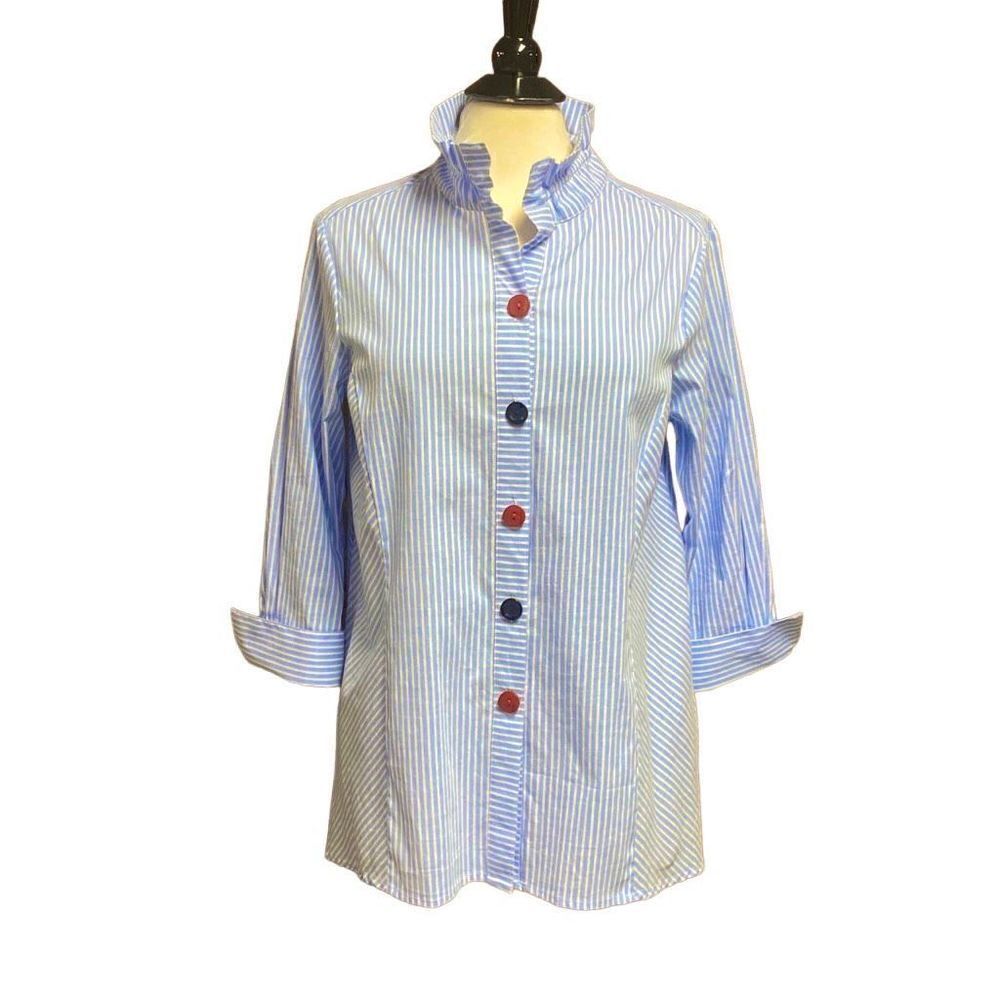 Ali Miles 3/4 Sleeve Railroad Blue & White Stripe Blouse Size Small NEW